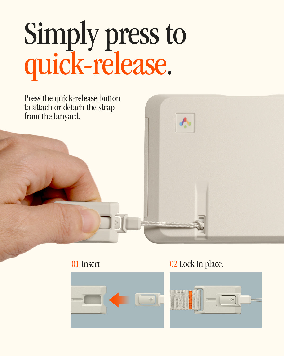 AFA10617 - DA30S LS lanyard quick-release mechanism demonstration showing press-to-release button, insert and lock steps, and secure attachment to iPhone case for fast detachment and reattachment
