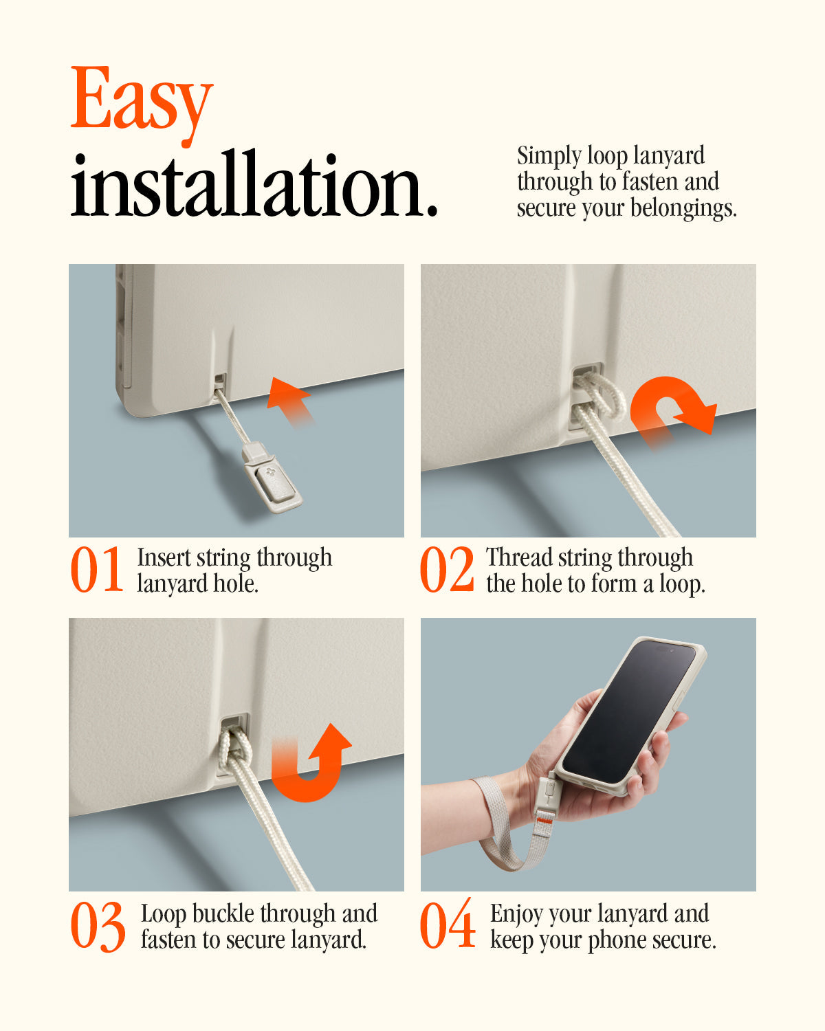 AFA10617 - DA30S LS lanyard easy installation guide showing step-by-step process to insert string through lanyard hole, thread to form a loop, fasten securely, and use lanyard to keep iPhone safe