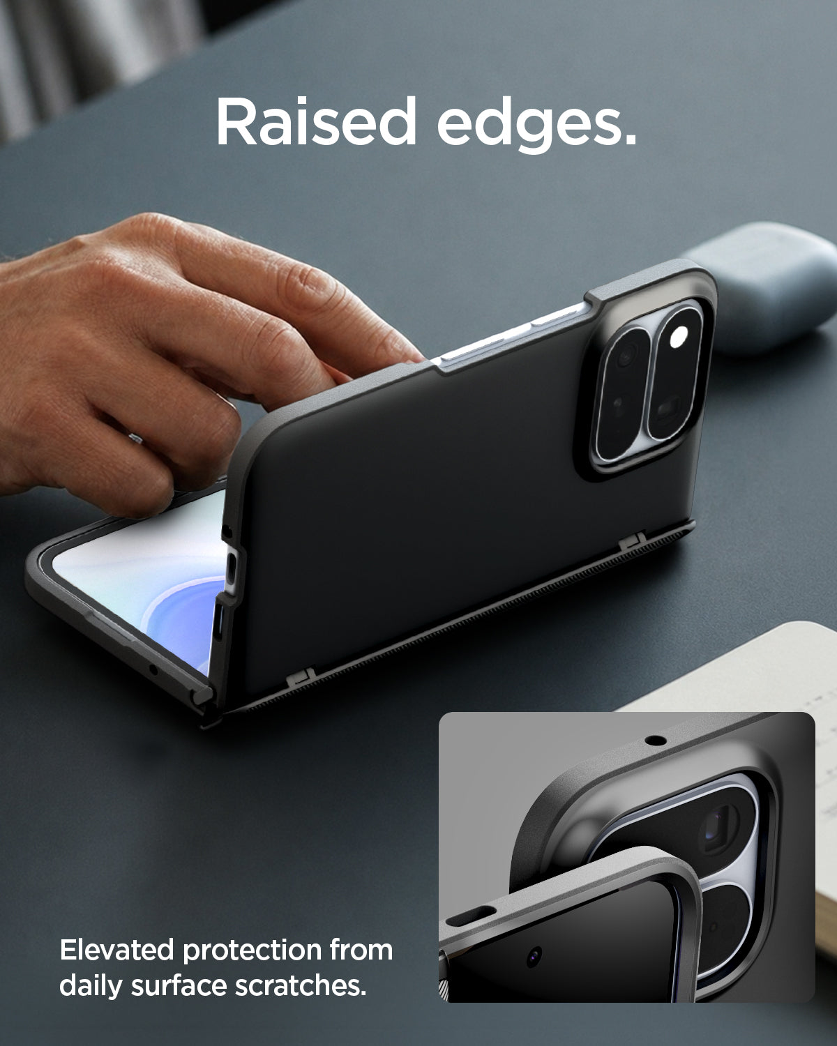 ACS11458 - Pixel 11 Pro Fold Slim Armor Pro (Mag Fit) Black raised edges around the screen and camera provide added protection against everyday scratches.