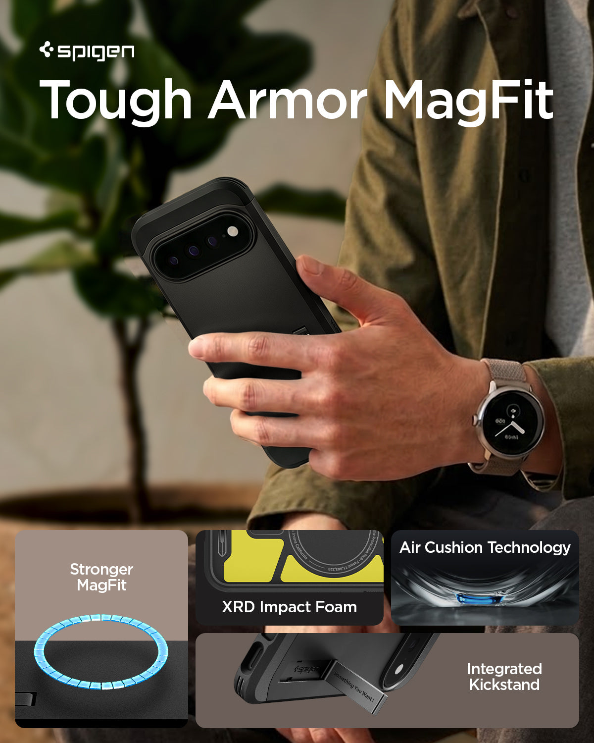 ACS11453 - Pixel 11 Pro XL Tough Armor (Mag Fit) Black person holding the Tough Armor MagFit case featuring a built in kickstand, Air Cushion Technology, and the built in magnetic ring.