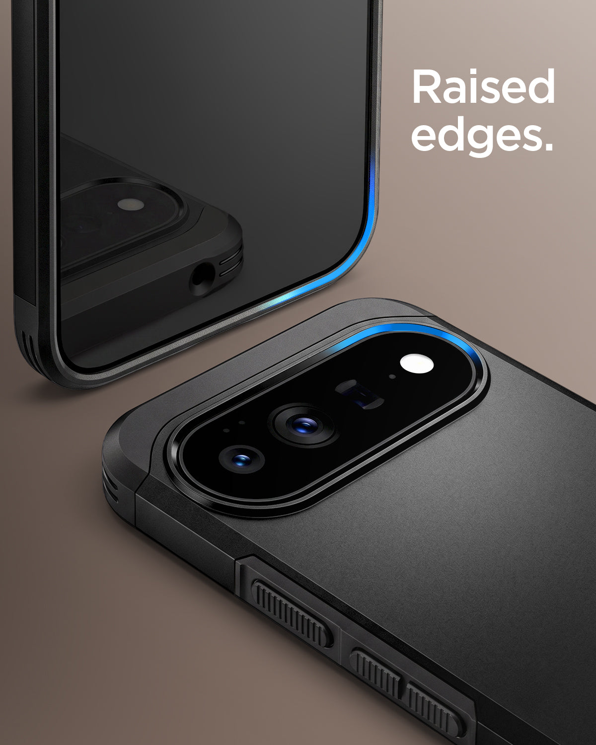 ACS11453 - Pixel 11 Pro XL Tough Armor (Mag Fit) Black close up highlighting the raised edges around the display and camera.