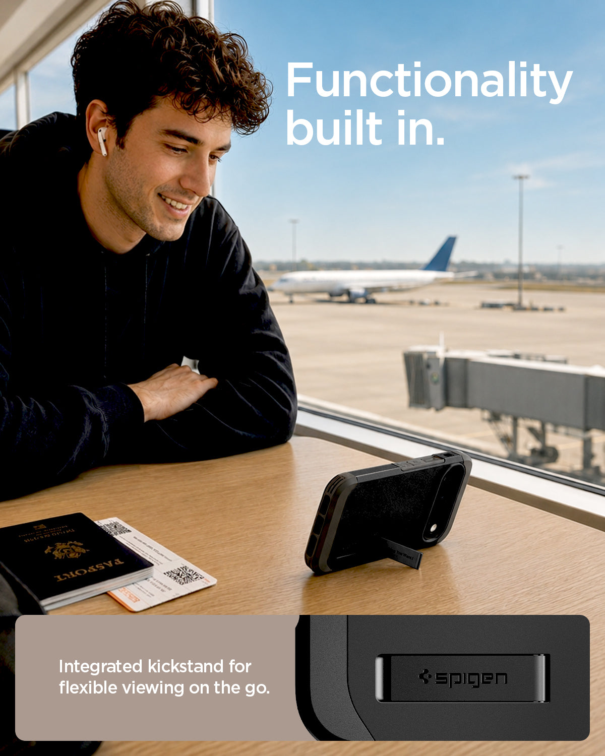 ACS11453 - Pixel 11 Pro XL Tough Armor (Mag Fit) Black case standing with the built in kickstand for hands free viewing on a table.
