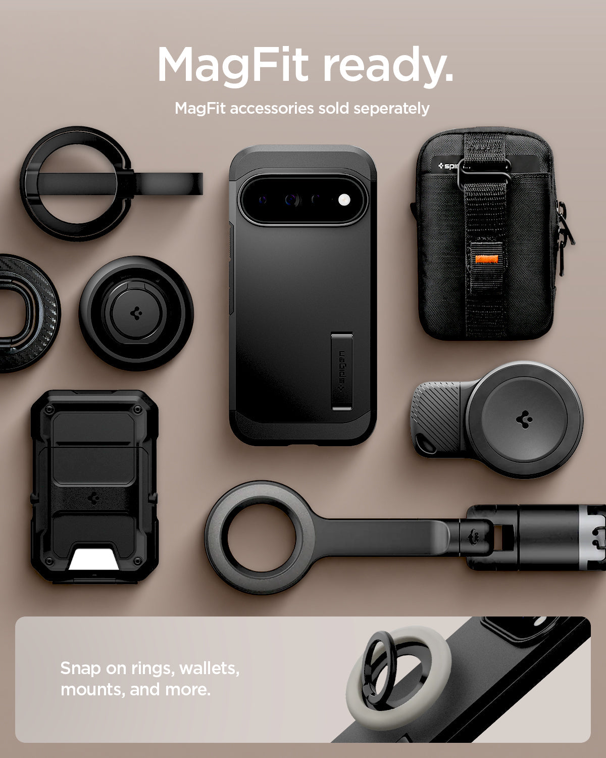 ACS11453 - Pixel 11 Pro XL Tough Armor (Mag Fit) Black case shown with compatible magnetic accessories including a ring grip, wallet, charger, and car mount.