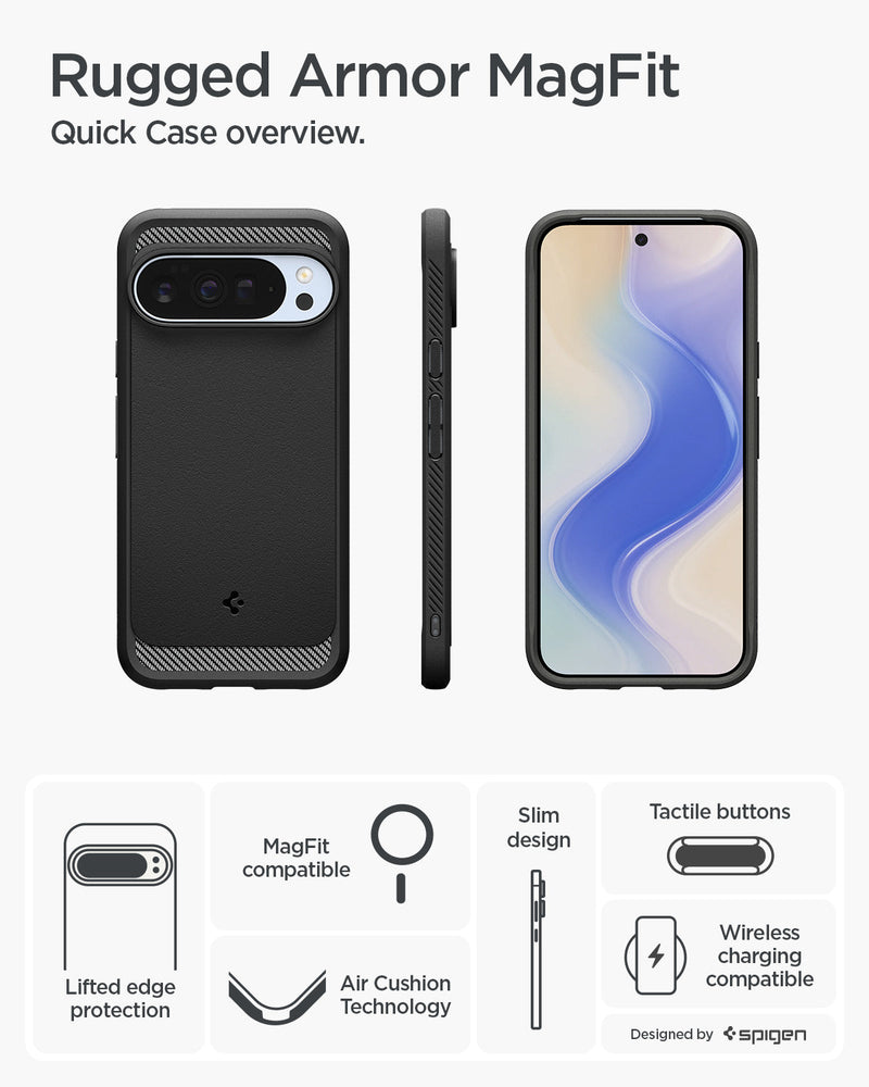 ACS09721 - GajPXL Case Rugged Armor (MagFit) in black showing the quick case overview. Lifted edge protection, MagFit compatible, Air Cushion Technology, slim design, tactile buttons and wireless charging compatible