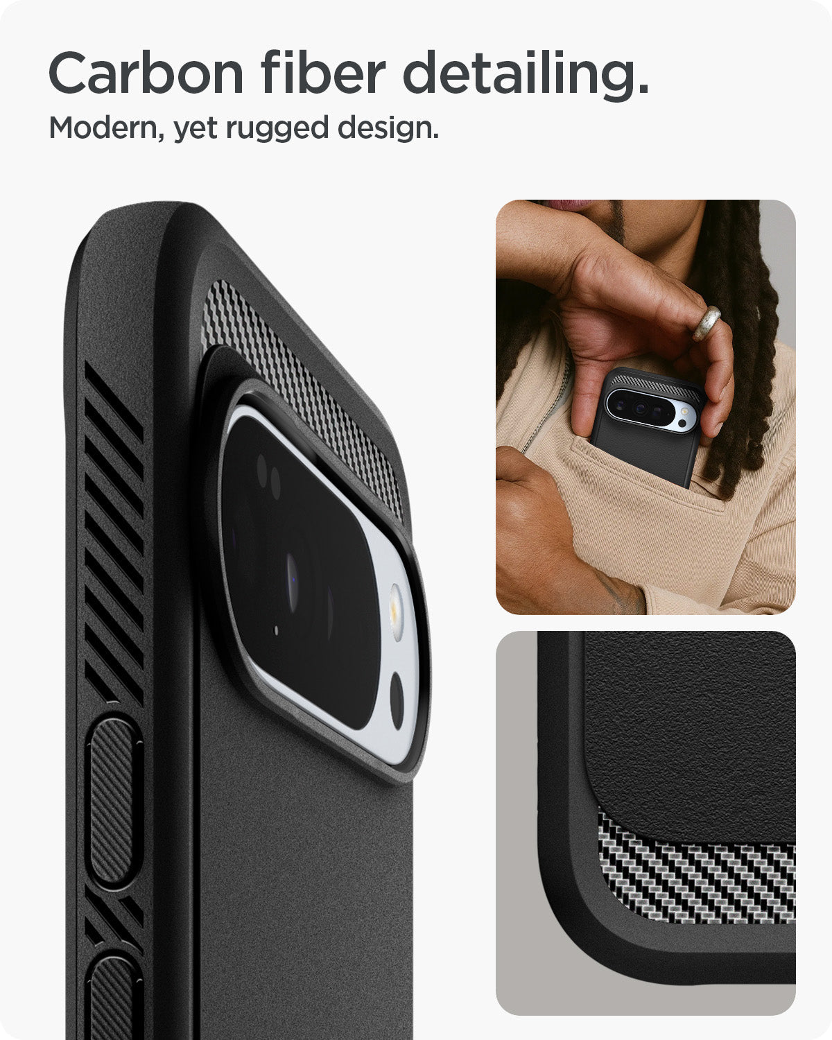ACS09721 - GajPXL Case Rugged Armor (MagFit) in black showing the carbon fiber detailing. Modern, yet rugged design.