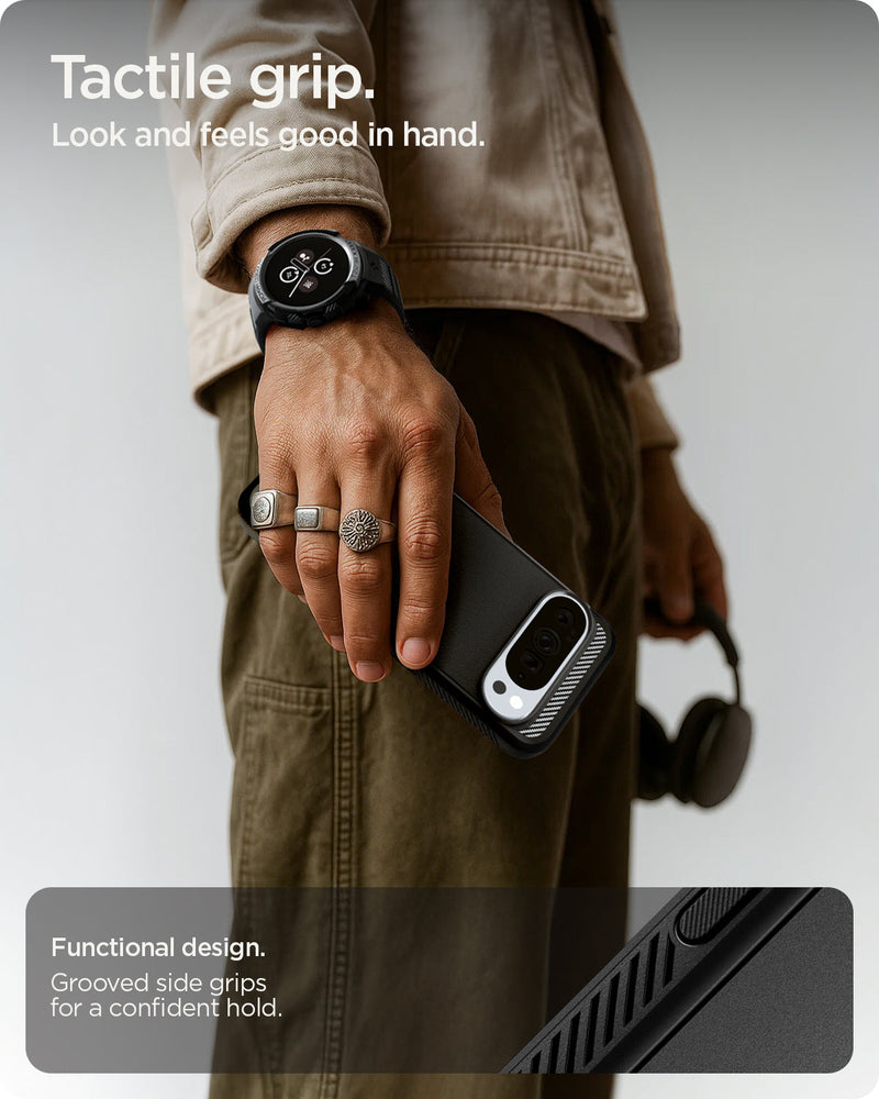 ACS09721 - GajPXL Case Rugged Armor (MagFit) in black showing the tactile grip. Look and feels good in hand. Functional design with grooved side grips for a confident hold