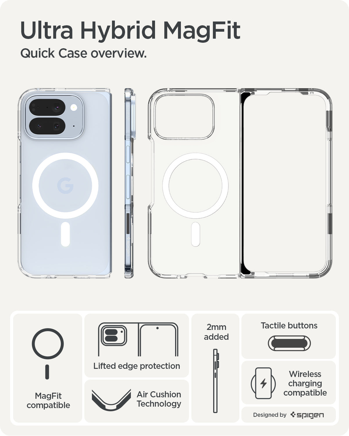 ACS09742 - GajPFD Case Ultra Hybrid Metal Ring (MagFit) in crystal clear showing the quick case overview. MagFit compatible, lifted edge protection, Air Cushion Technology, tactile buttons and wireless charging compatible