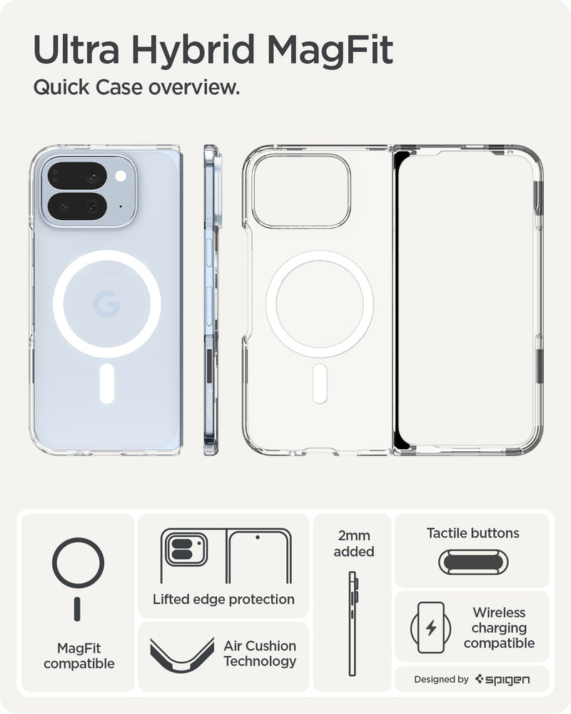 ACS09742 - GajPFD Case Ultra Hybrid Metal Ring (MagFit) in crystal clear showing the quick case overview. MagFit compatible, lifted edge protection, Air Cushion Technology, tactile buttons and wireless charging compatible