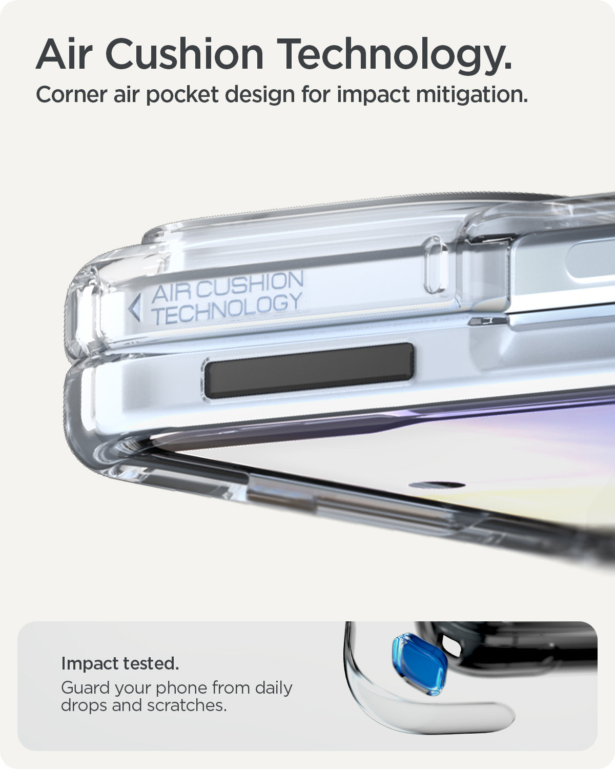 ACS09742 - GajPFD Case Ultra Hybrid Metal Ring (MagFit) in crystal clear showing the Air Cushion Technology. Corner air pocket design for impact mitigation. Impact tested. Guard your phone from daily drops and scratches.