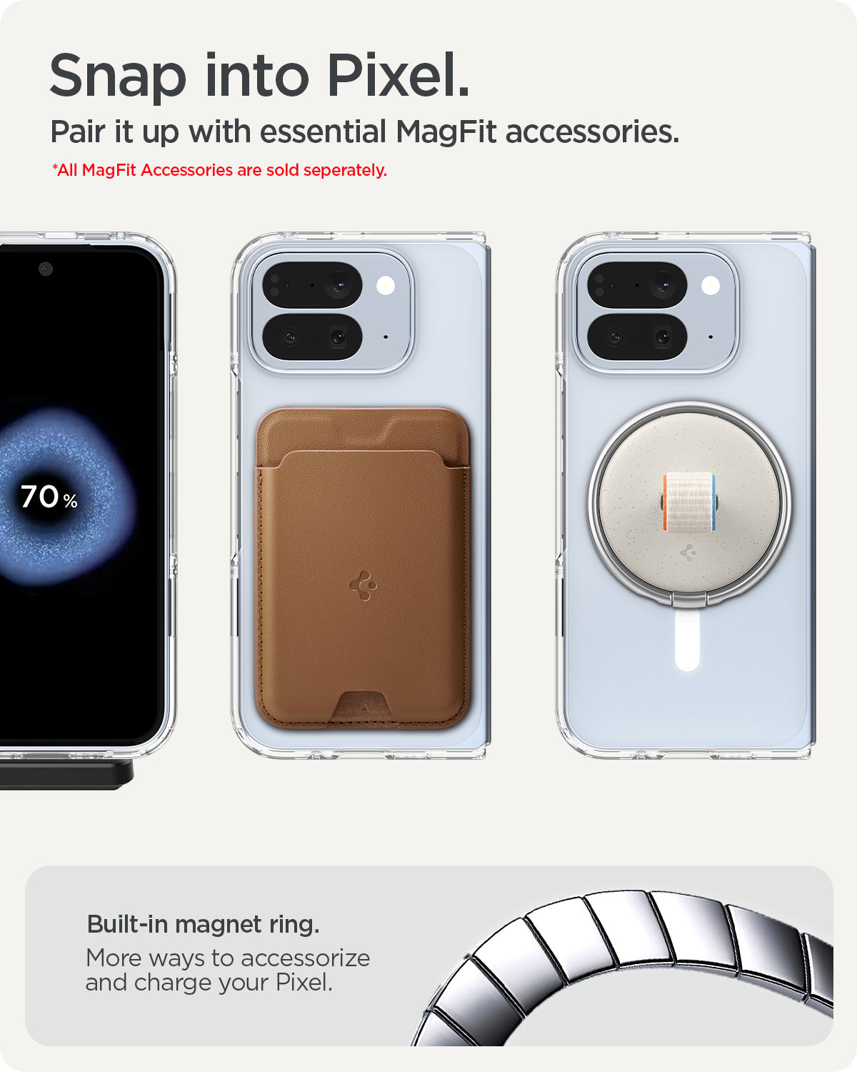 ACS09742 - GajPFD Case Ultra Hybrid Metal Ring (MagFit) in crystal clear showing snap into Pixel. Pair it up with essential MagFit accessories. All MagFit accessories are sold separately. Built-in magnet ring. More ways to accessorize and charge your Pixel.