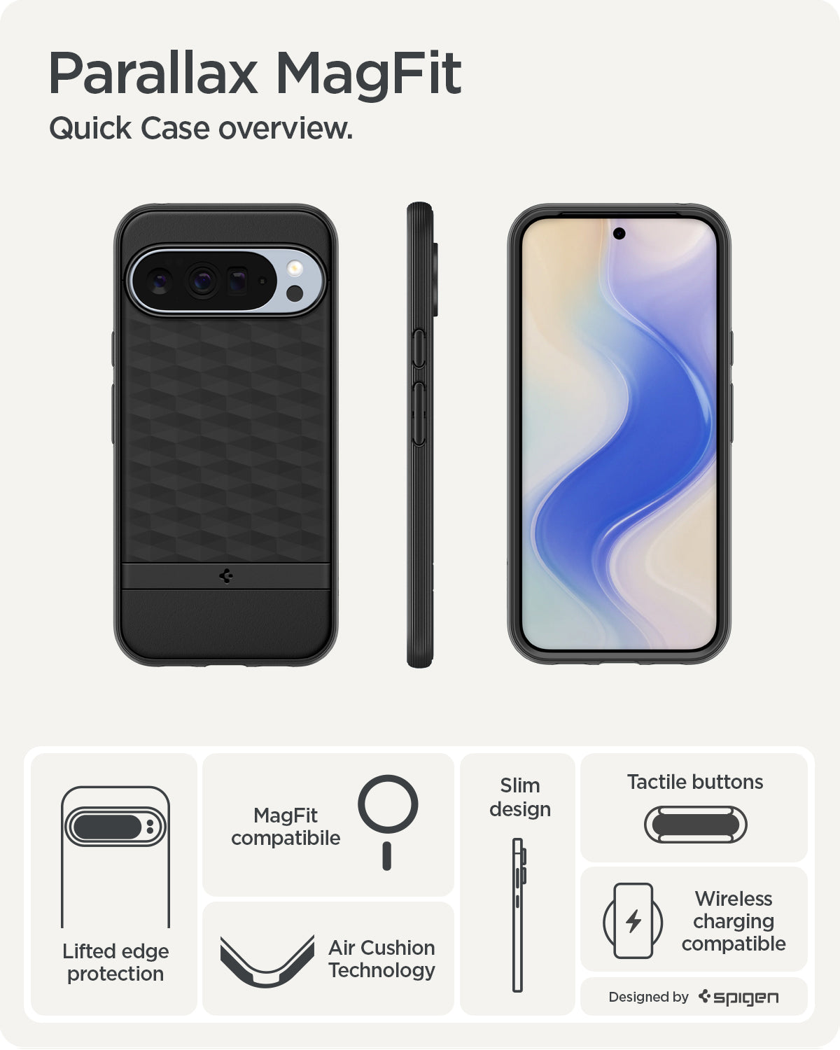 ACS09731 - GajPXL Case Parallax (MagFit) in black showing the quick case overview. Lifted edge protection, MagFit compatible, AirCushion Technology, slim design and tactile buttons.