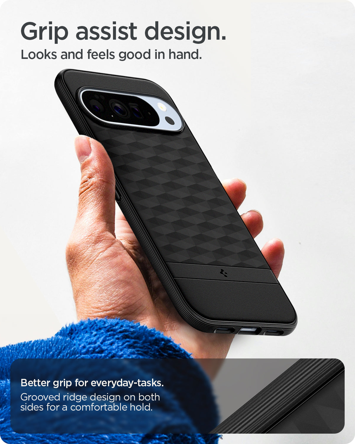 ACS09731 - GajPXL Case Parallax (MagFit) in black showing the grip assist design. Looks and feels good in hand. Better grip for everyday-tasks. Grooved ridge design on both sides for a comfortable hold