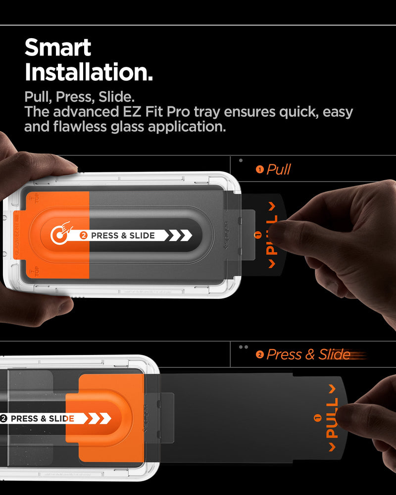 AGL09410 - Galaxy S25 Edge GLAS.tR EZ Fit Pro showing the smart installation. Pull, Press, Slide. The advanced EZ Fit Pro tray ensures quick, easy and flawless glass application