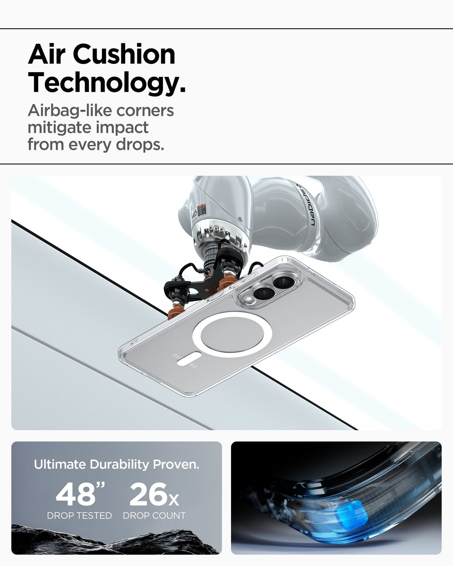 ACS09418 - Galaxy S25 Edge Case Ultra Hybrid (MagFit) in Clear White showing the Air Cushion Technology. Airbag-like corners mitigate impact from every drops. Ultimate Durability Proven 48" drop tested, 26x drop count