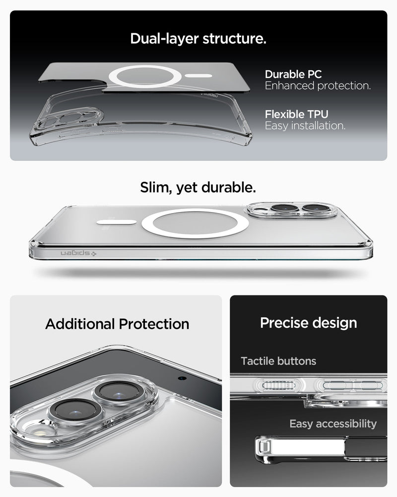ACS09418 - Galaxy S25 Edge Case Ultra Hybrid (MagFit) in Clear White showing the dual- layer structure. Durable PC, enhanced protection and Flexible TPU, easy installation. Slim, yet durable. Additional Protection. Precise design, tactile buttons and easy accessibility 