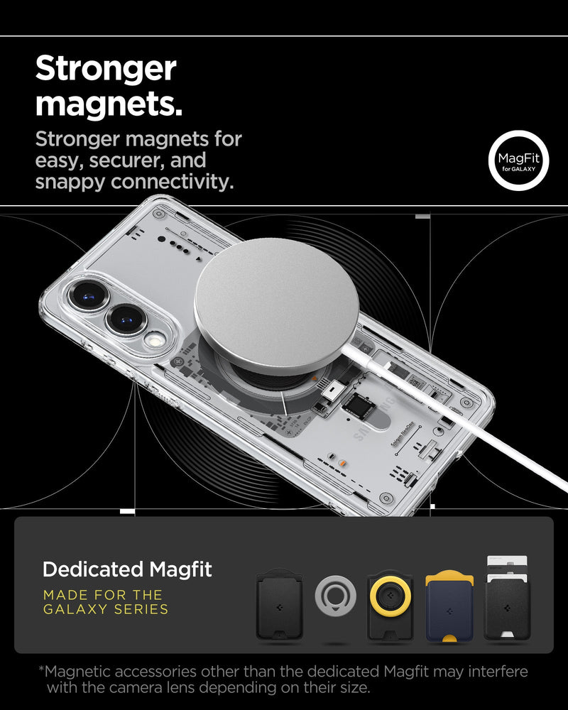ACS09416 - Galaxy S25 Edge Case Ultra Hybrid Neo One showing the stronger magnets. Stronger magnets for easy, securer, and snappy connectivity. Magnetic accessories other than the dedicated Magfit may interfere with the camera lens depending on their size