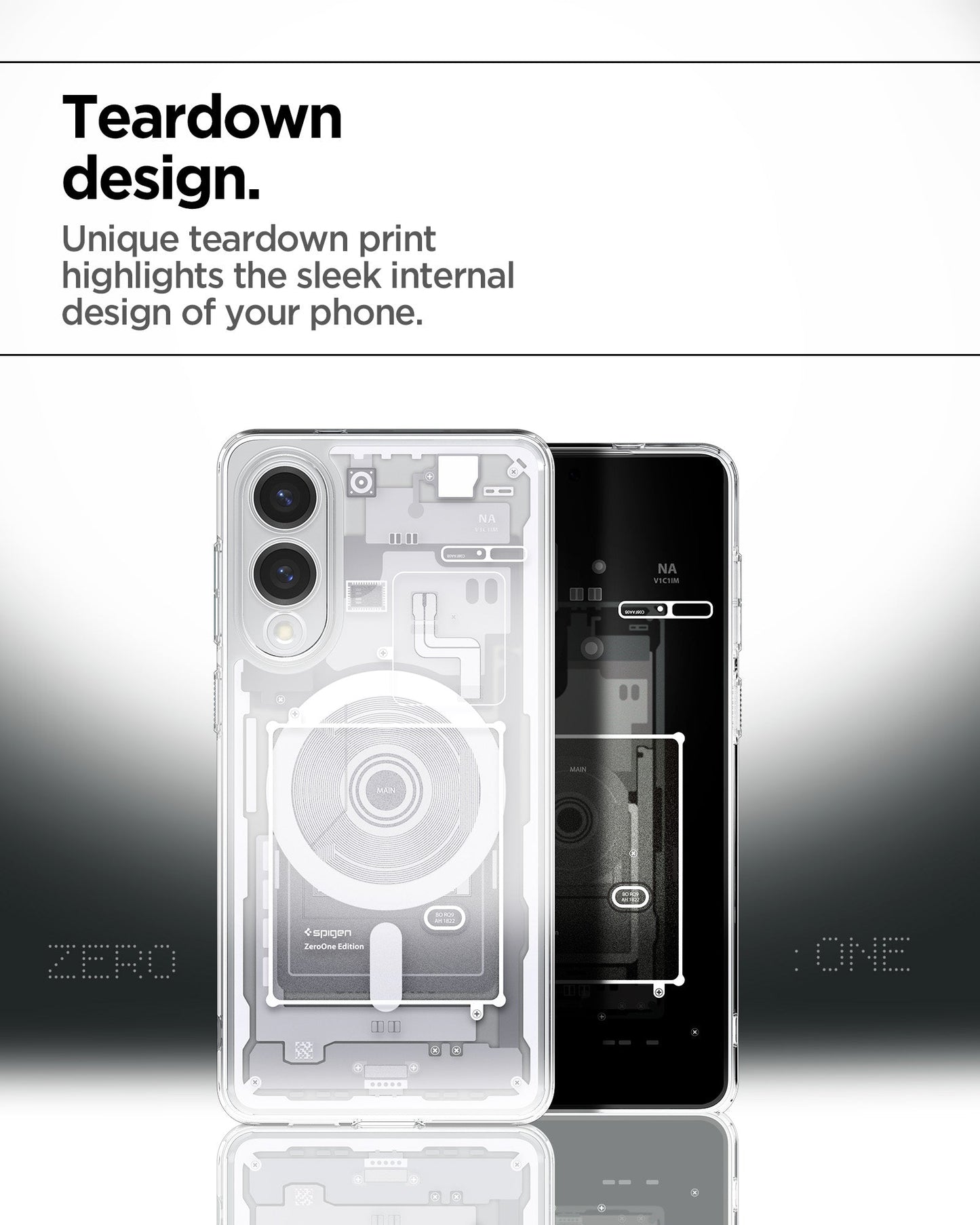 ACS09417 - Galaxy S25 Edge Case Ultra Hybrid Zero One in Zero One White showing the teardown design. Unique teardown print highlights the sleek internal design of your phone