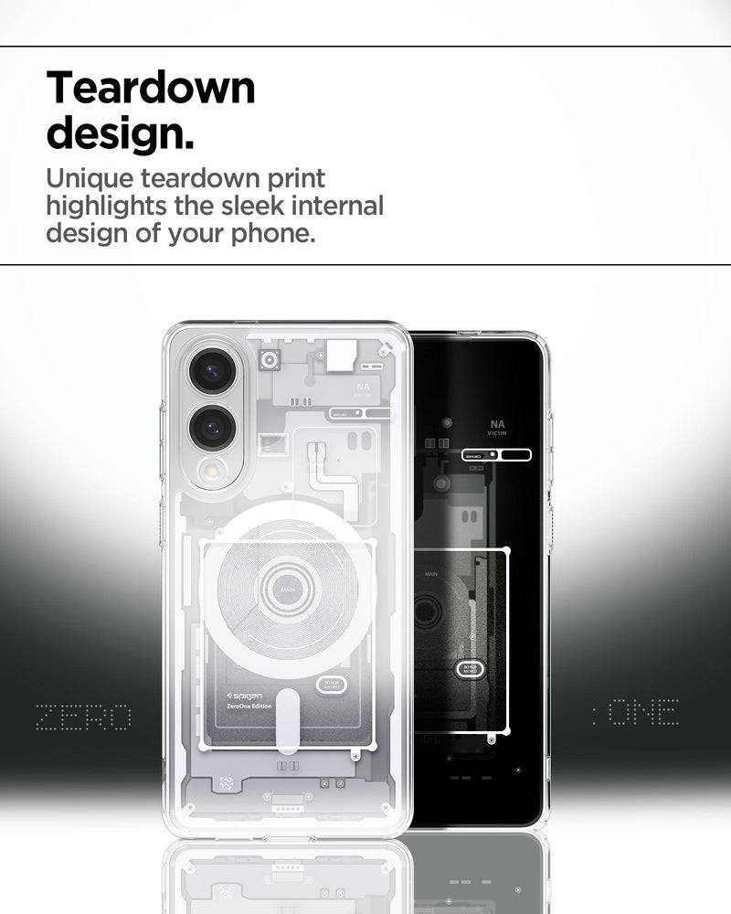 ACS09417 - Galaxy S25 Edge Case Ultra Hybrid Zero One in Zero One White showing the teardown design. Unique teardown print highlights the sleek internal design of your phone