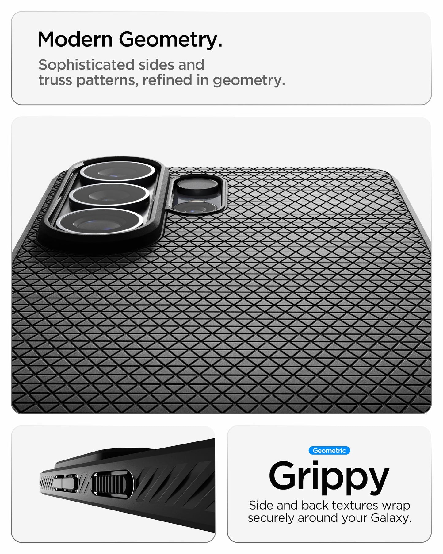 ACS11023 - Galaxy S26 Ultra Liquid Air in Matte Black showing modern geometry. sophisticated sides and truss patterns refined in geometry