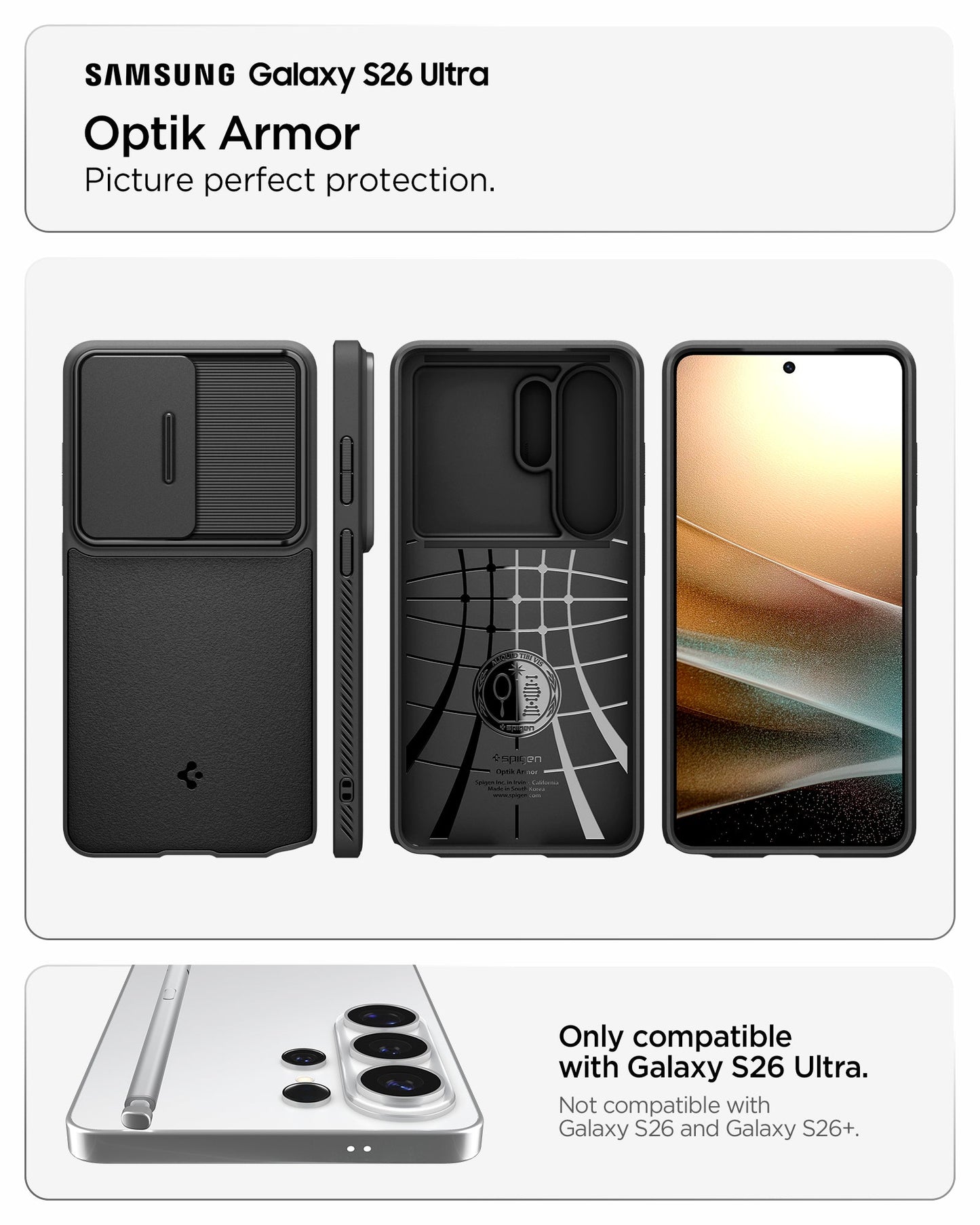 ACS11040 - Galaxy S26 Ultra Optik Armor in Black showing optik armor. picture perfect protection