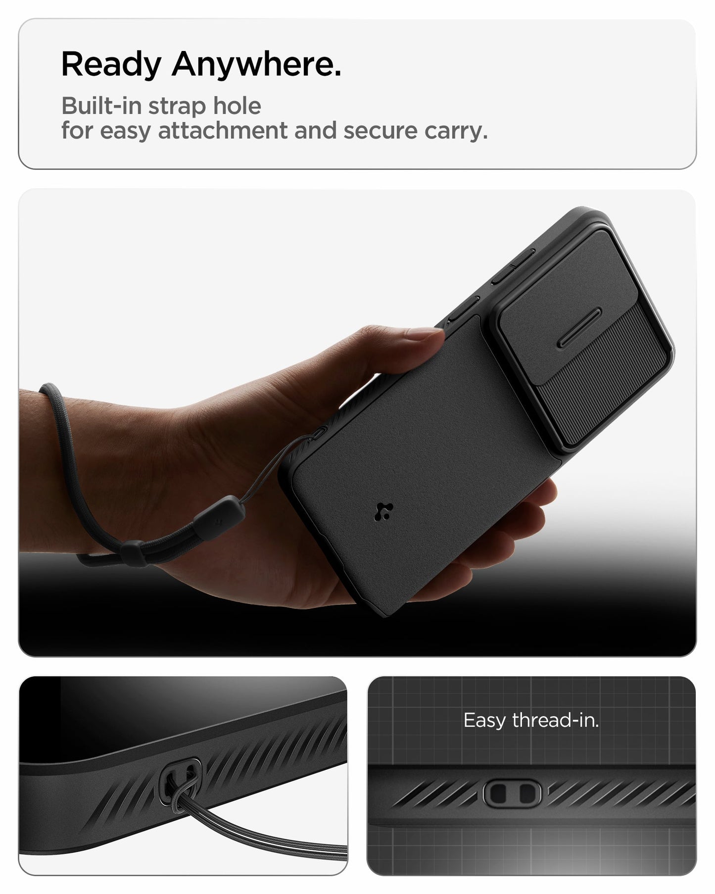 ACS11040 - Galaxy S26 Ultra Optik Armor in Black showing ready anywhere. built in strap hole for easy attachment and secure carry