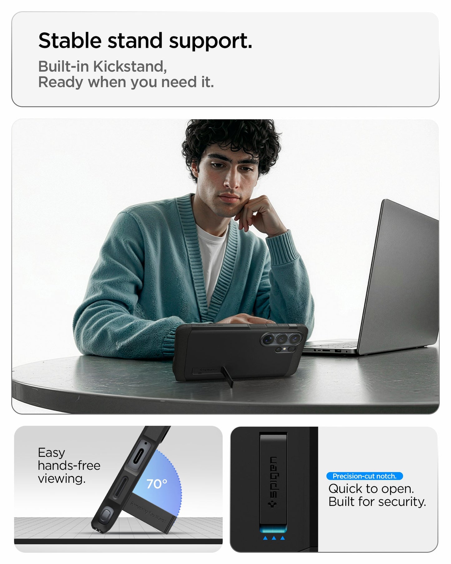 ACS11033 - Galaxy S26 Ultra Case Tough Armor (Mag Fit) Black showing stable stand support built in kick stand ready when you need it 