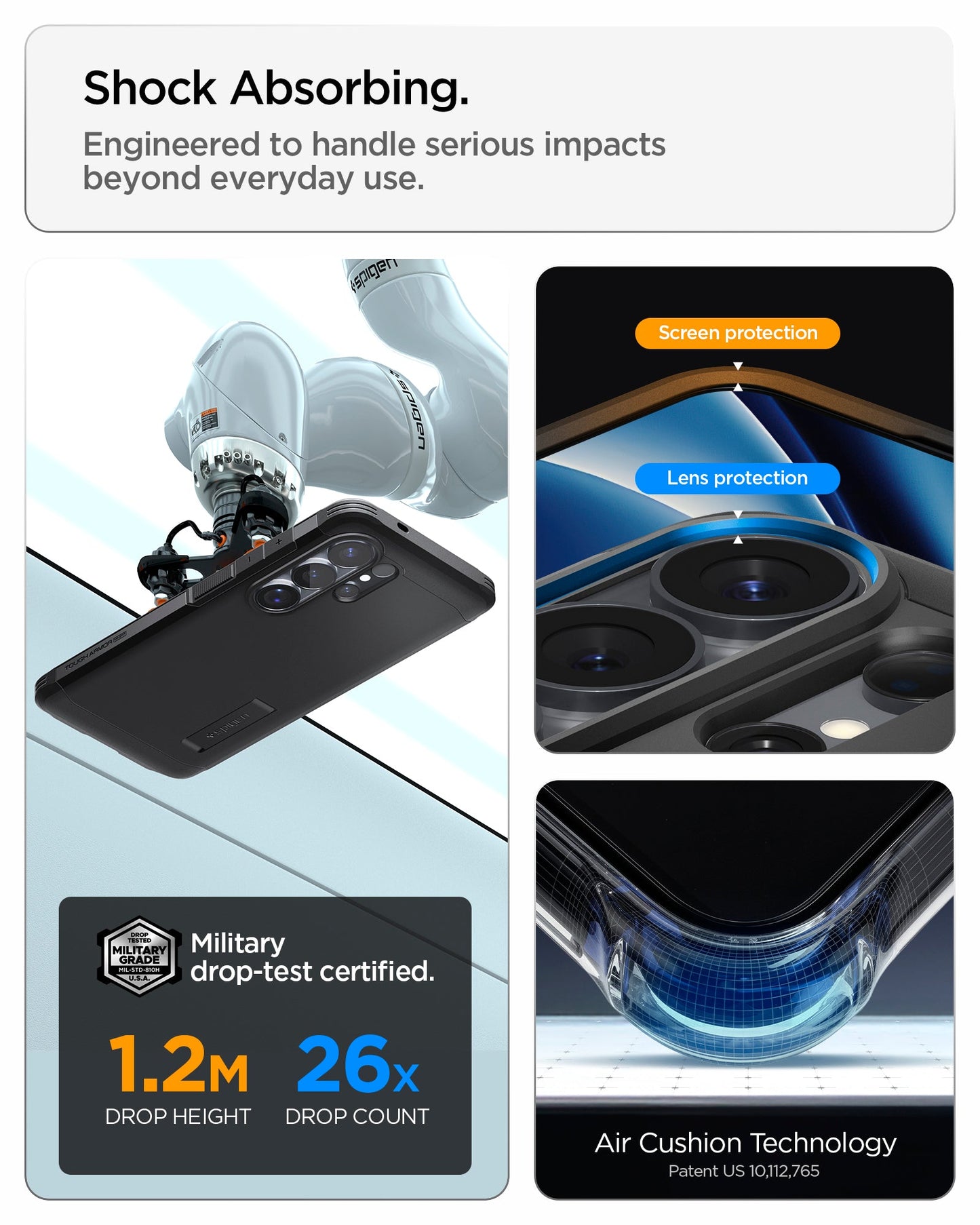 ACS11033 - Galaxy S26 Ultra Case Tough Armor (Mag Fit) Black showing shock absorbing. engineered to handle serious impacts beyond everyday use