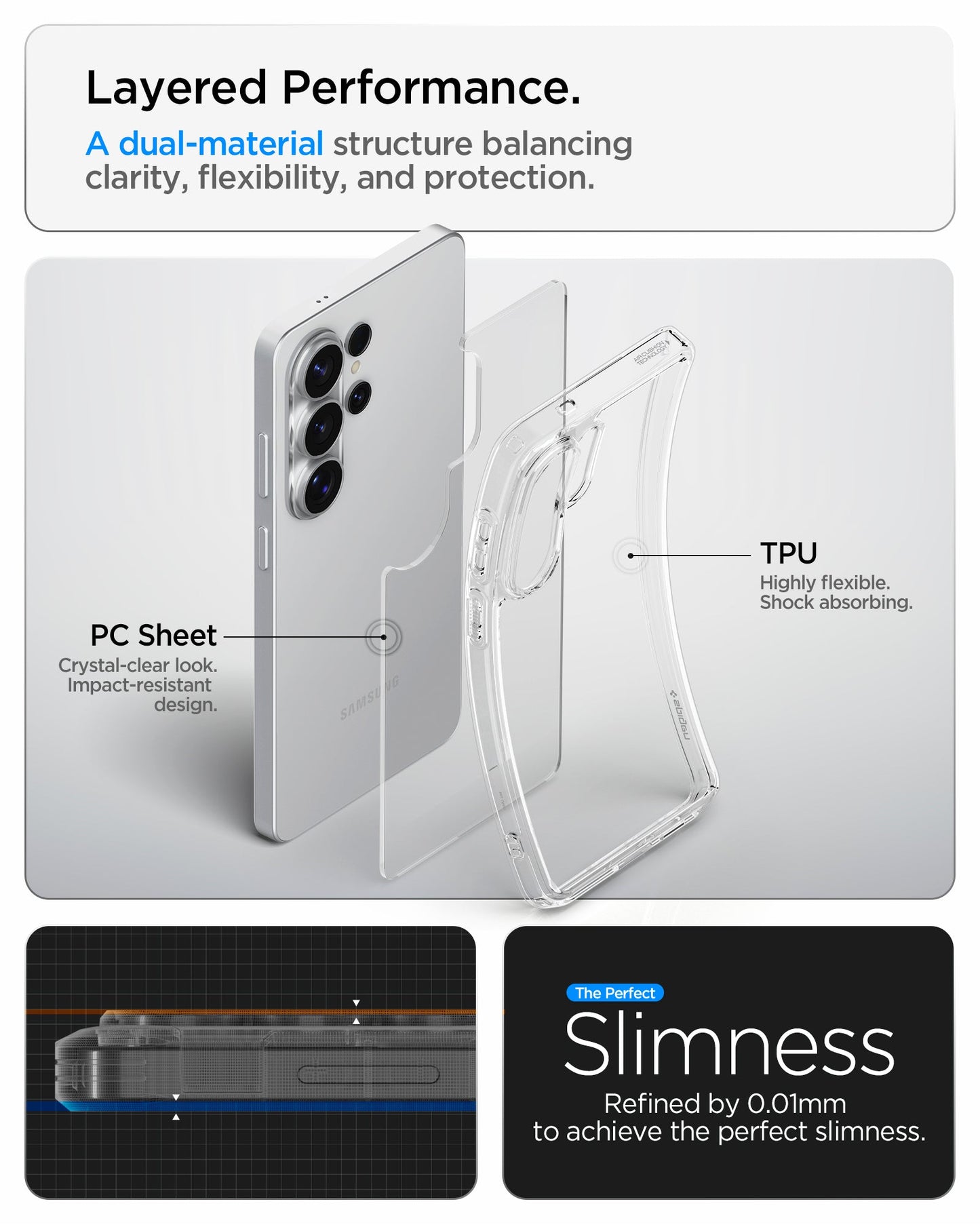 ACS11030 - Galaxy S26 Ultra Case Ultra Hybrid Crystal Clear showing layered performance. a dual material structure balancing clarity flexibility and protection