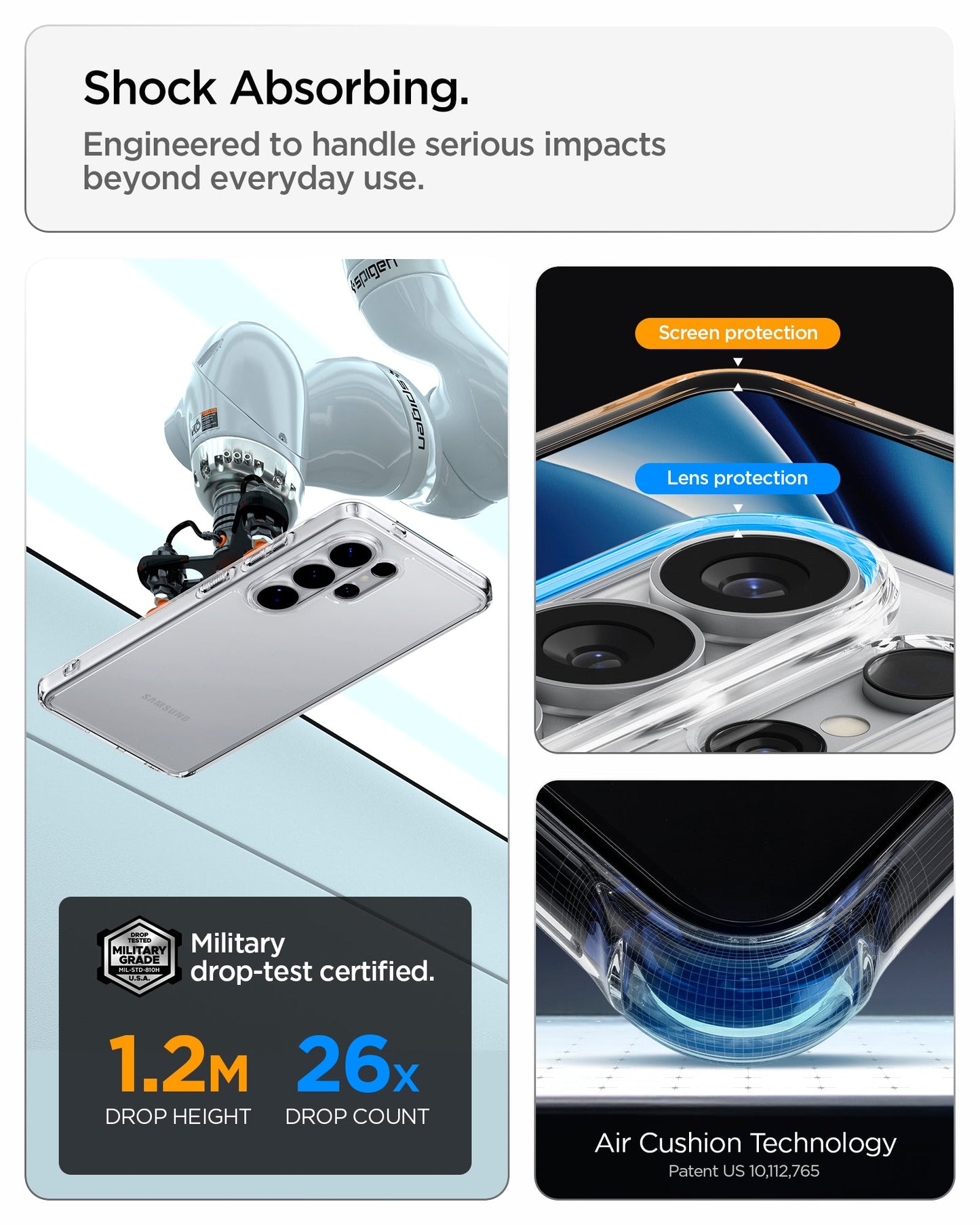 ACS11030 - Galaxy S26 Ultra Case Ultra Hybrid Crystal Clear showing shock absorbing. engineered to handle serious impacts beyond everyday use