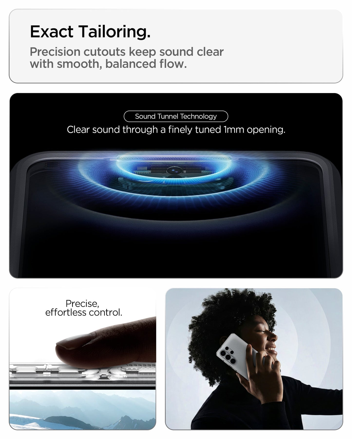 ACS11030 - Galaxy S26 Ultra Case Ultra Hybrid Crystal Clear showing exact tailoring. precision cutouts keep sound clear with smooth balanced flow