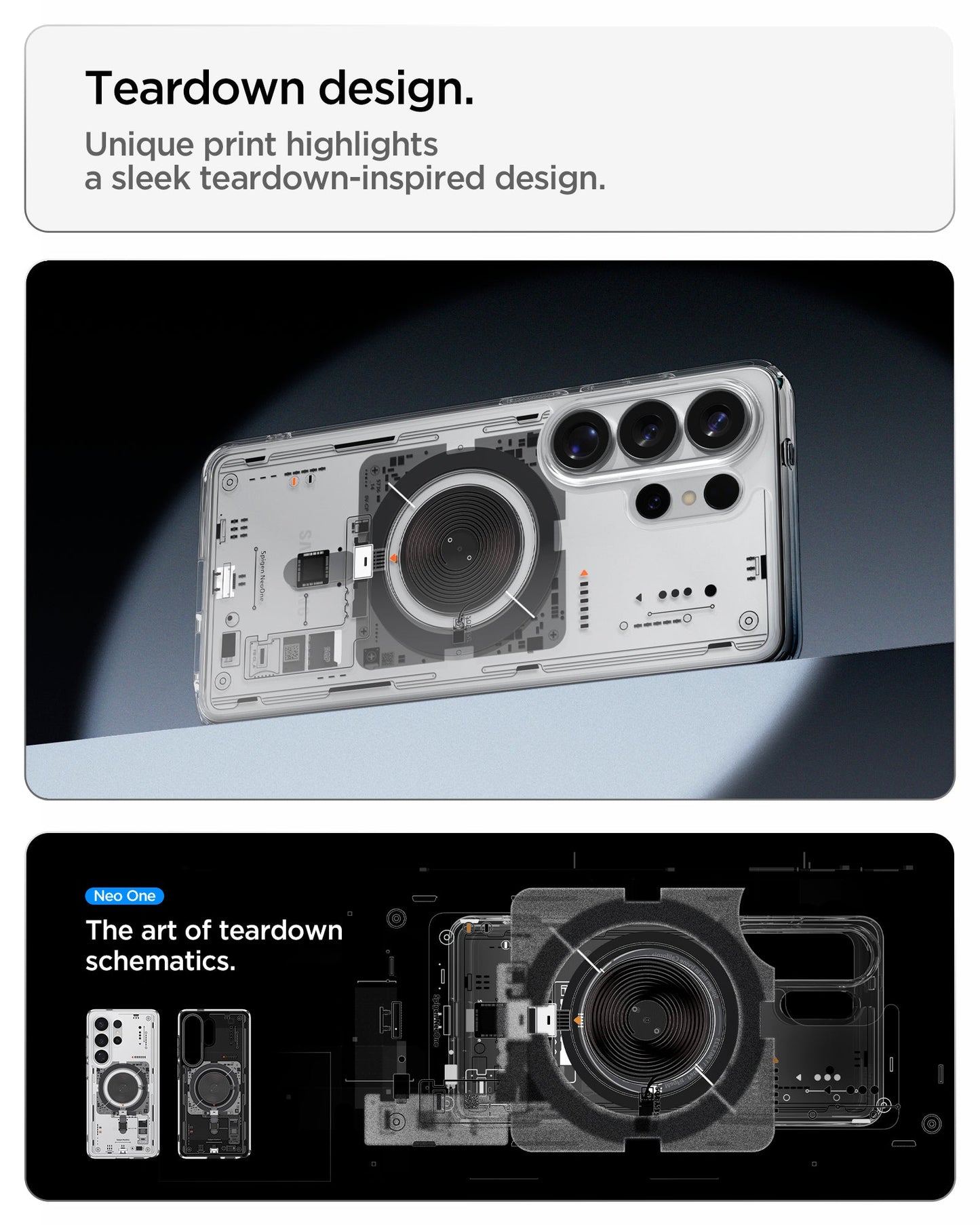 ACS10963 - Galaxy S26 Ultra Case Ultra Hybrid Neo One (Mag Fit) showing teardown design. unique print highlights a sleek teardown inspired design