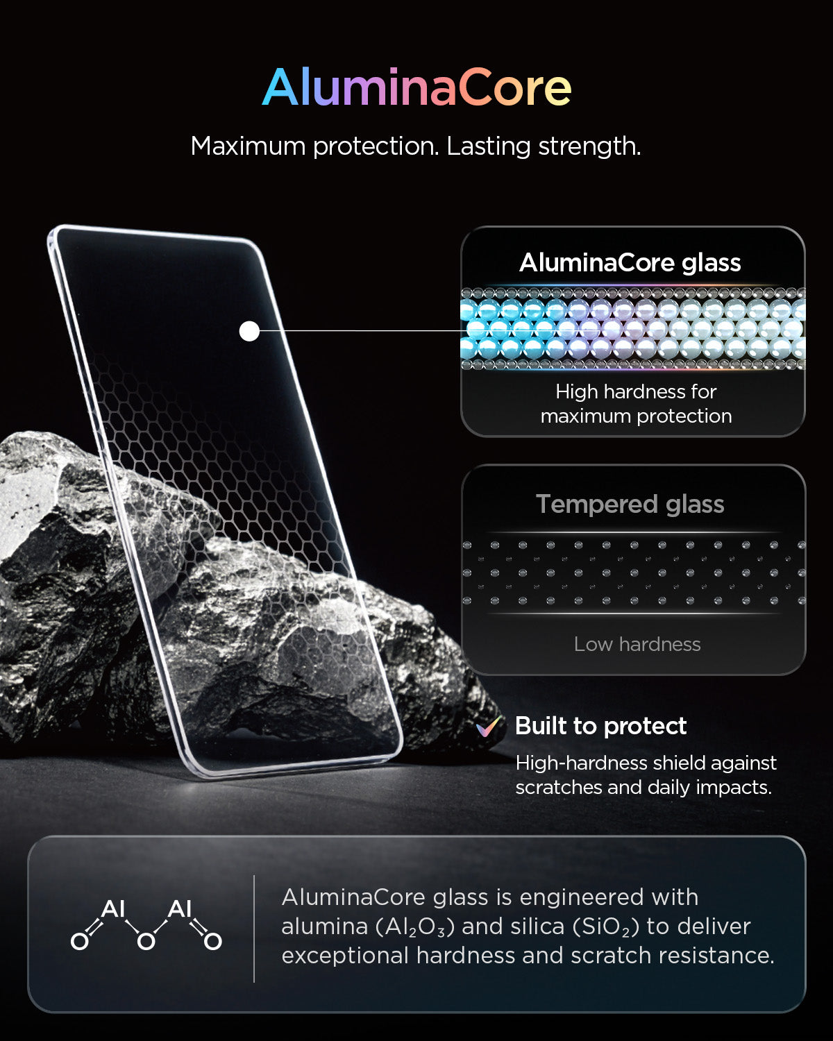 AGL11810 - Galaxy S26 FE GLAS.tR EZ Fit Pro showing AluminaCore glass construction designed for high hardness, scratch resistance, and daily impact protection