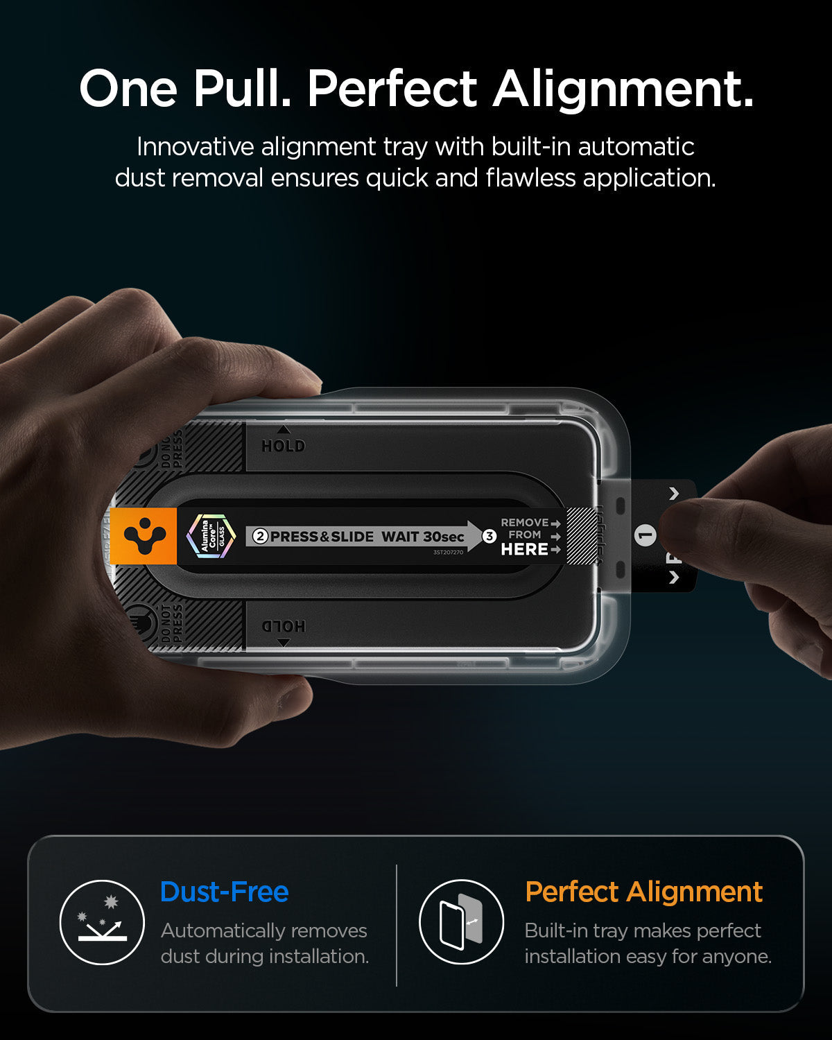 AGL11810 - Galaxy S26 FE GLAS.tR EZ Fit Pro showing one pull installation tray with automatic dust removal and precise screen protector alignment