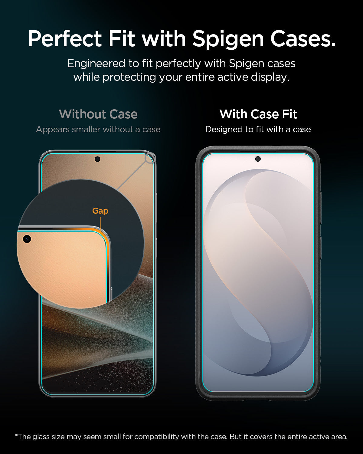 AGL11810 - Galaxy S26 FE GLAS.tR EZ Fit Pro showing screen protector fit with and without a case for full active display coverage and case compatibility