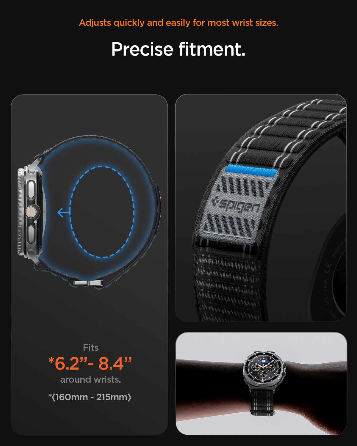 AMP10153 - Galaxy Watch 9 Series WBF0 in black showing adjusts quickly and easily for most wrist sizes. precise fitment