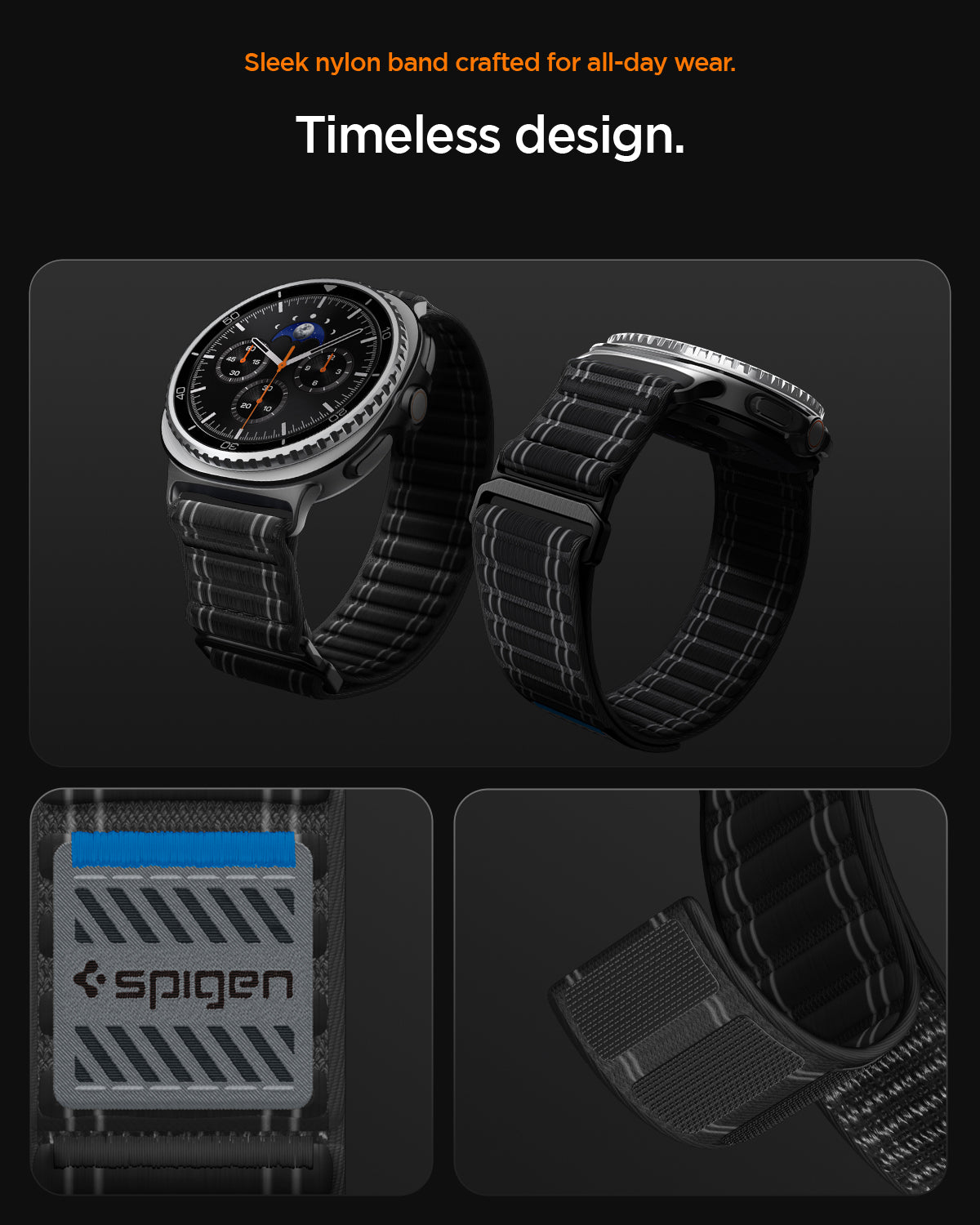 AMP10153 - Galaxy Watch 9 Series WBF0 in black showing sleek nylon band crafted for all day wear. timeless design