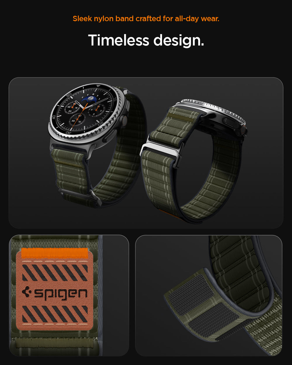 AMP10154 - Galaxy Watch 9 Series WBF0 in green showing sleek nylon band crafted for all day wear. timeless design