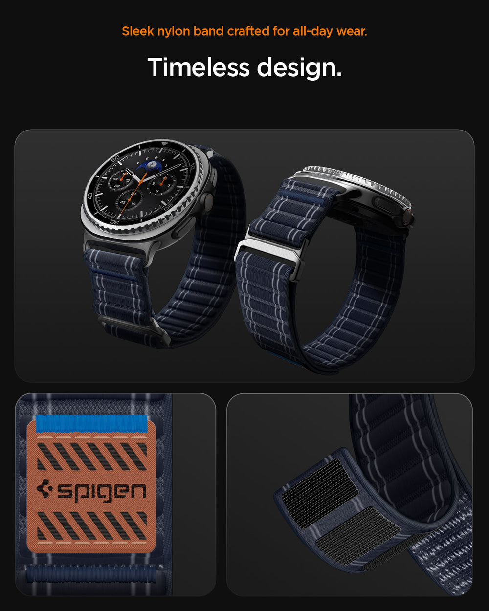 AMP10155 - Galaxy Watch 9 Series WBF0 in navy showing sleek nylon band crafted for all day wear. timeless design