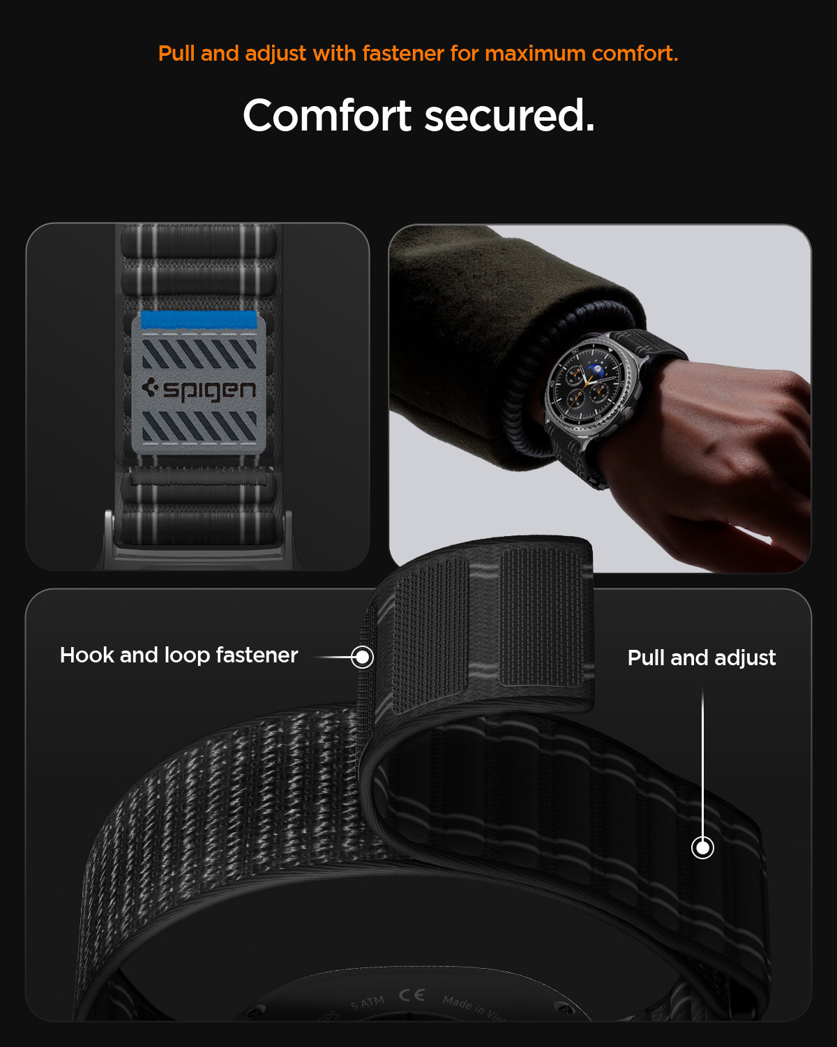 AMP10153 - Galaxy Watch 9 Series WBF0 in black showing pull and adjust with fastener for maximum comfort. comfort secured