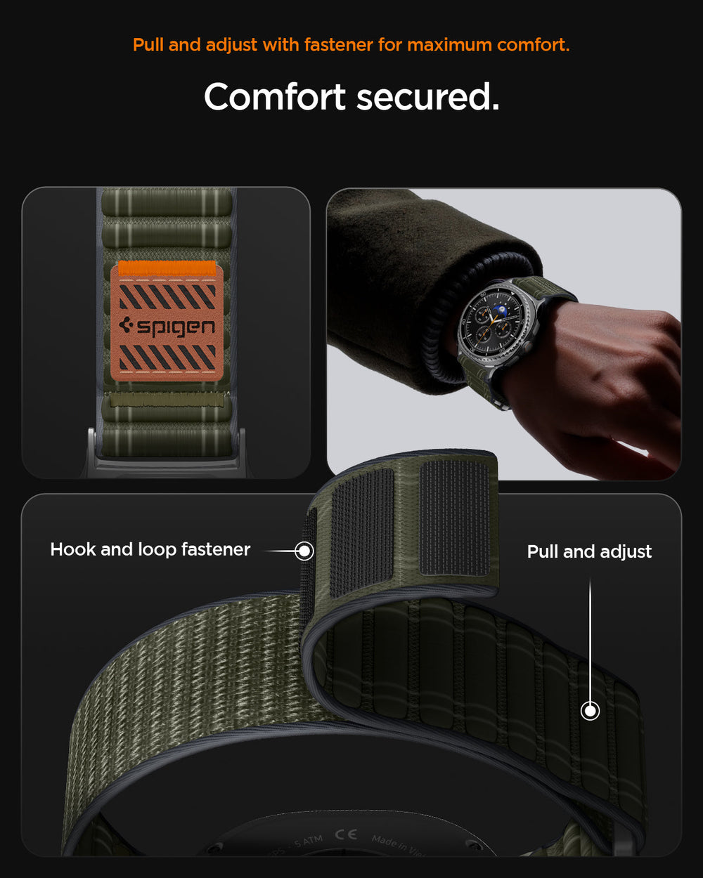 AMP10154 - Galaxy Watch 9 Series WBF0 in green showing pull and adjust with fastener for maximum comfort. comfort secured