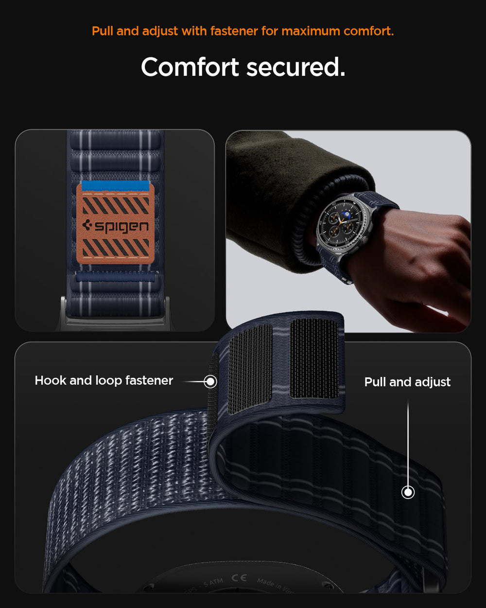 AMP10155 - Galaxy Watch 9 Series WBF0 in navy showing pull and adjust with fastener for maximum comfort. comfort secured