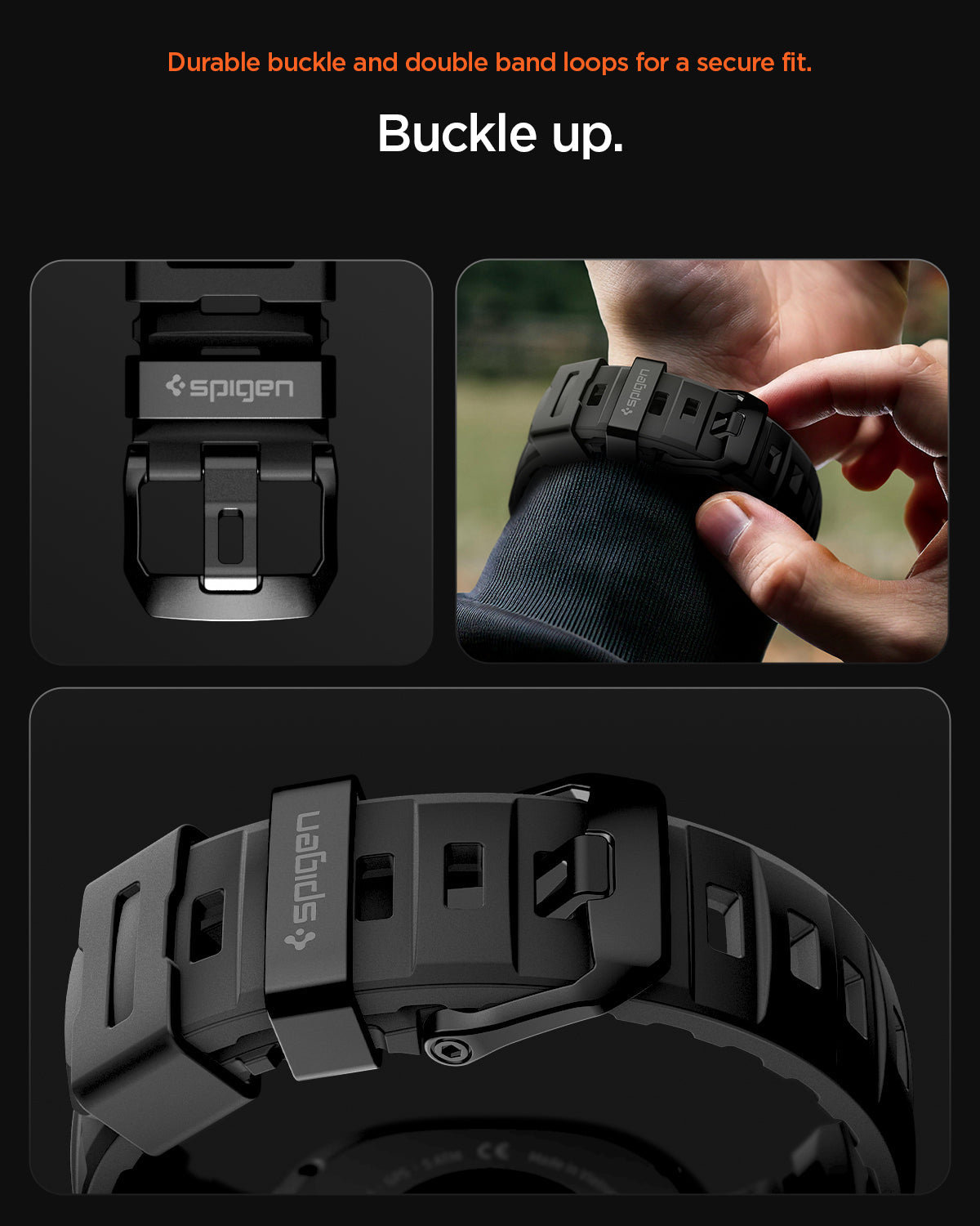AMP10151 - Galaxy Watch 9 Series WBS2 in black showing durable buckle and double band loops for a secure fit. buckle up
