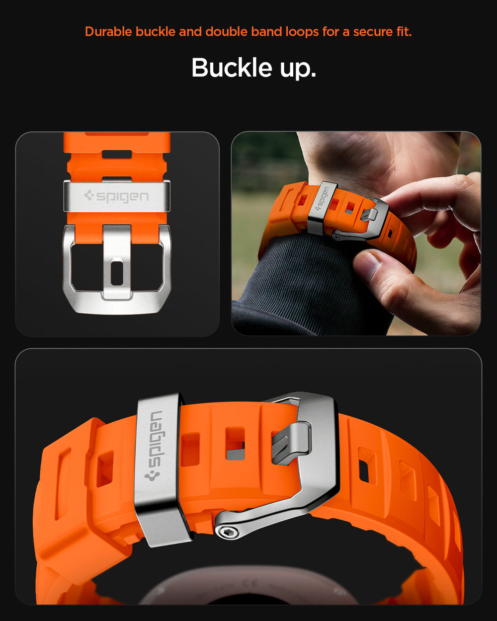 AMP10152 - Galaxy Watch 9 Series WBS2 in orange showing durable buckle and double band loops for a secure fit. buckle up