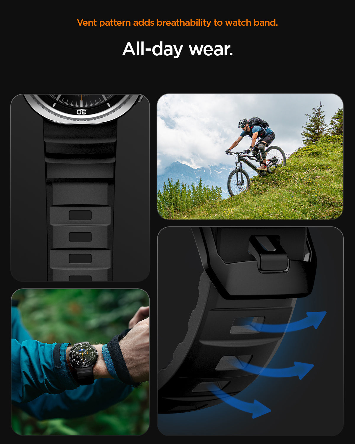 AMP10151 - Galaxy Watch 9 Series WBS2 in black showing vent patterns adds breathability to watch band. all day wear