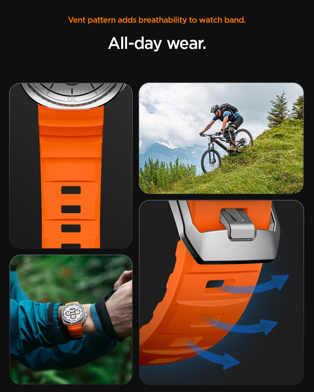 AMP10152 - Galaxy Watch 9 Series WBS2 in orange showing vent patterns adds breathability to watch band. all day wear