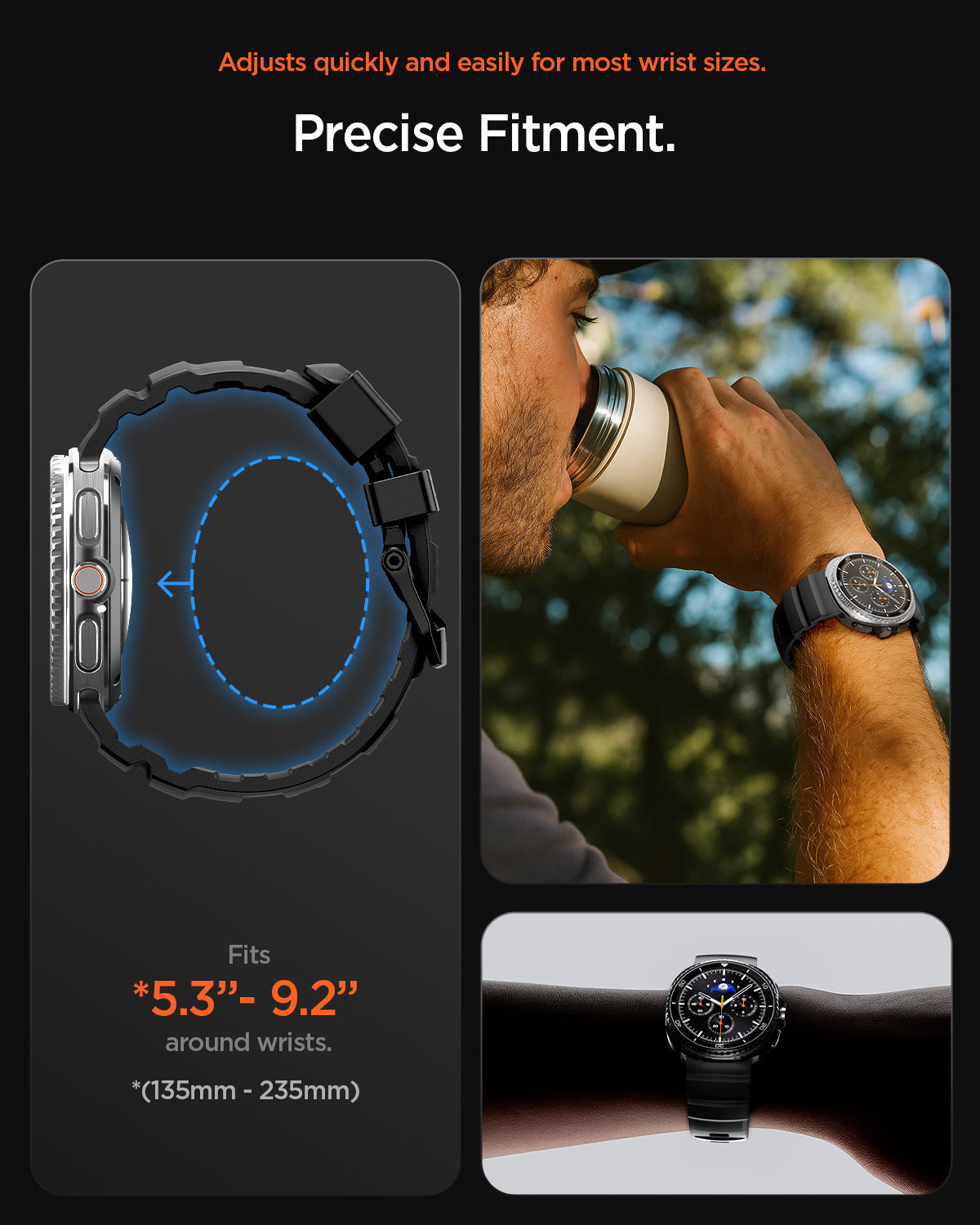 AMP10151 - Galaxy Watch 9 Series WBS2 in black showing adjusts quickly and easily for most wrist sizes
