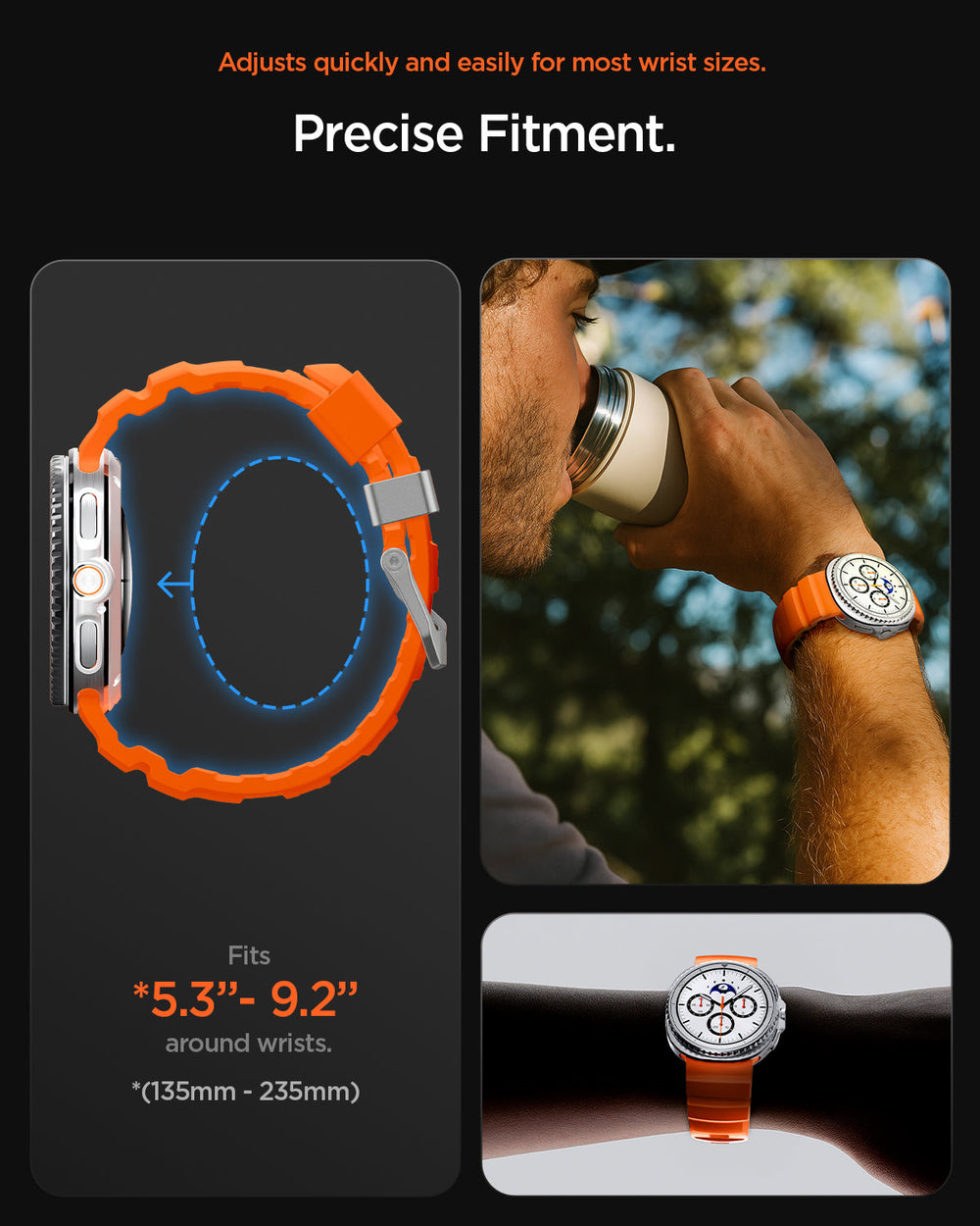 AMP10152 - Galaxy Watch 9 Series WBS2 in orange showing adjusts quickly and easily for most wrist sizes