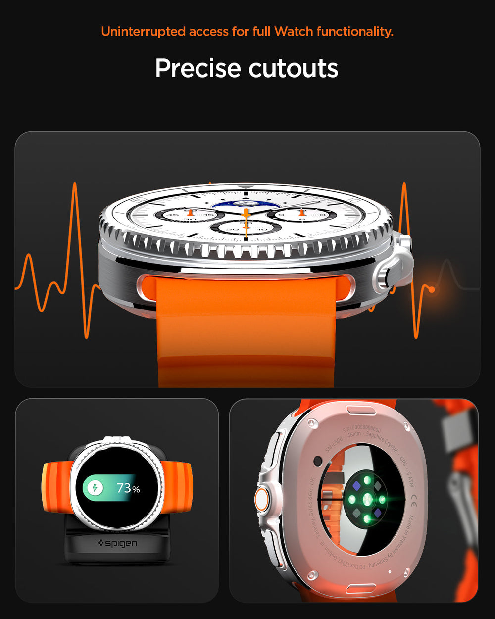 AMP10152 - Galaxy Watch 9 Series WBS2 in orange showing uninterrupted access for full watch fuctionality. precise cutouts