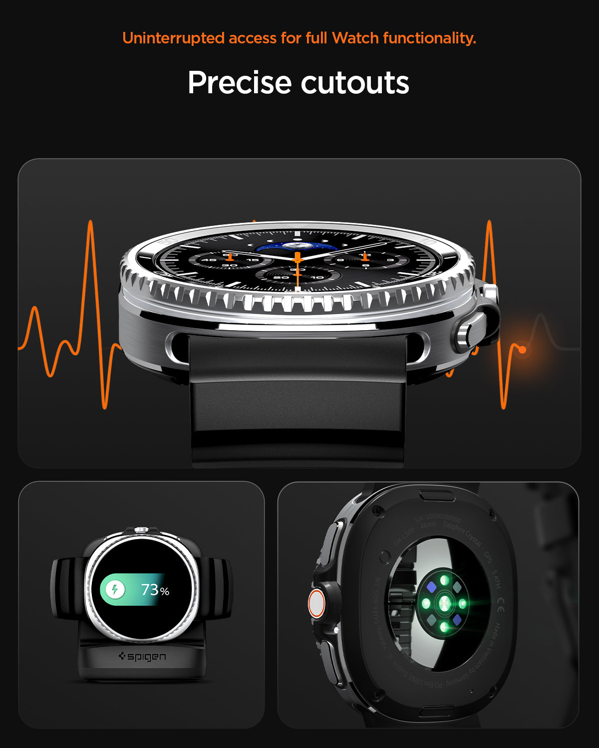 AMP10151 - Galaxy Watch 9 Series WBS2 in black showing uninterrupted access for full watch fuctionality. precise cutouts