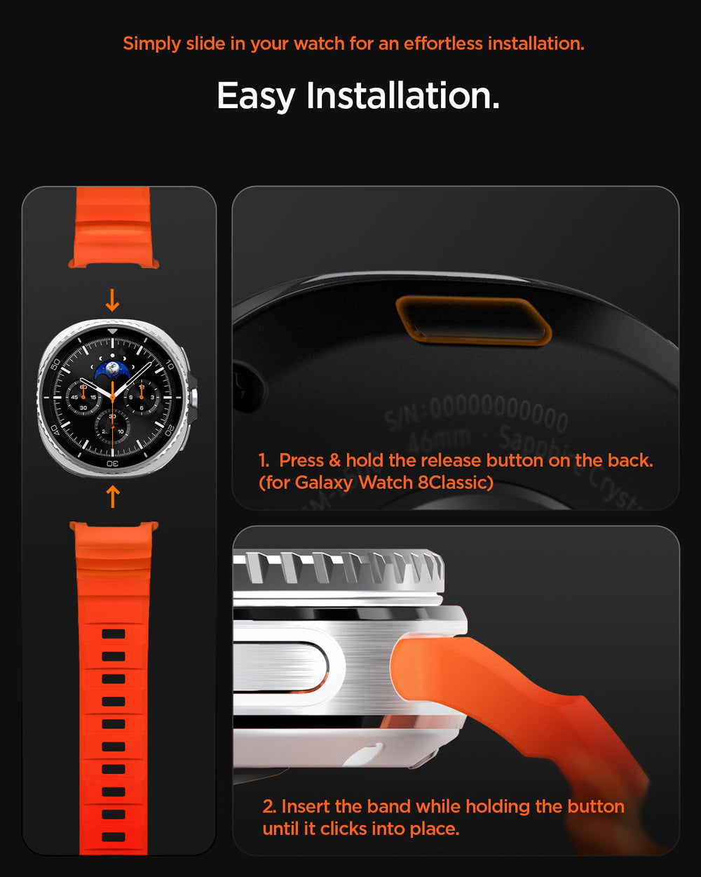 AMP10152 - Galaxy Watch 9 Series WBS2 in orange showing simply slide in your watch for an effortless installation
